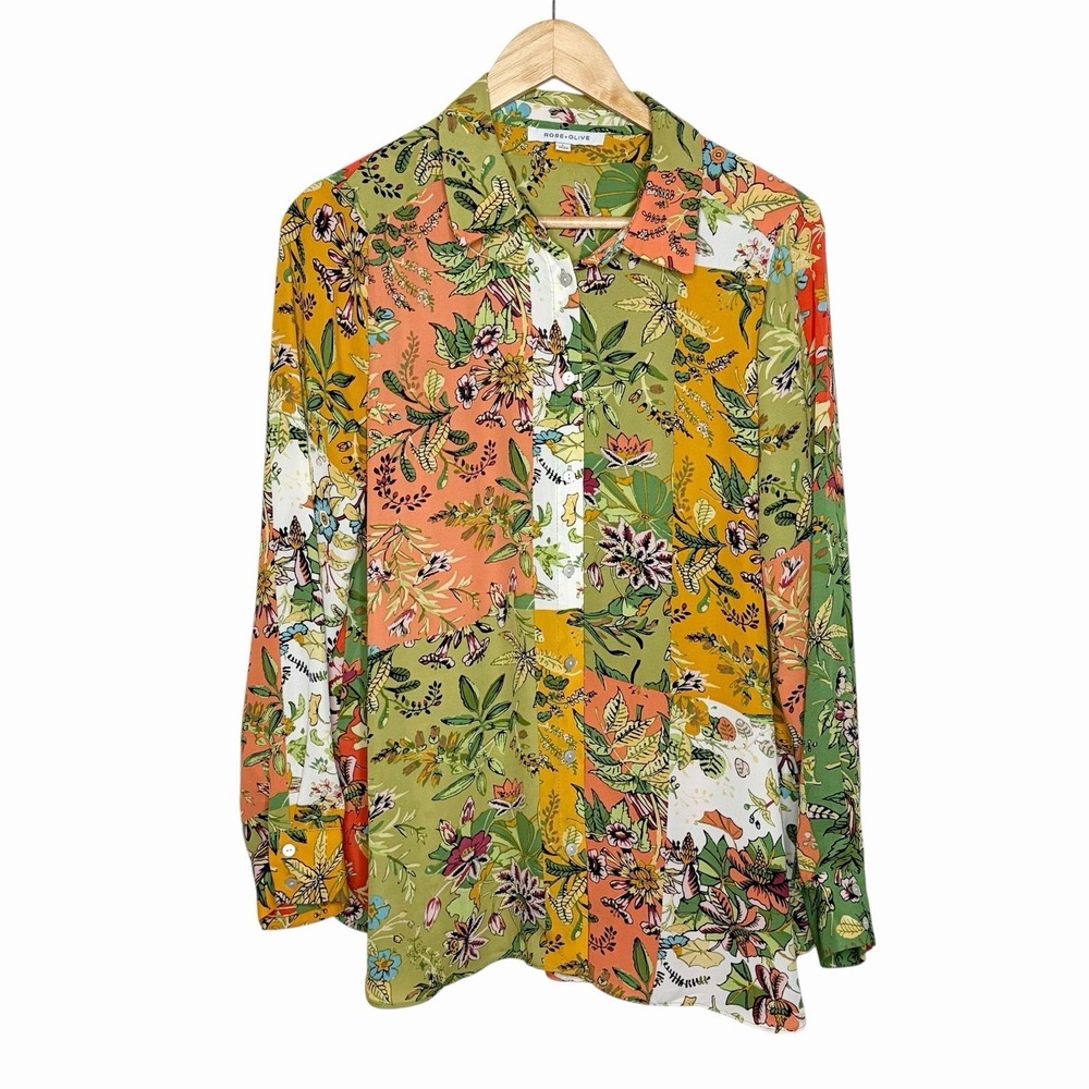 Rose And Olive Floral Patchwork Print Blouse Top Womens Size L Chiffon Colorful